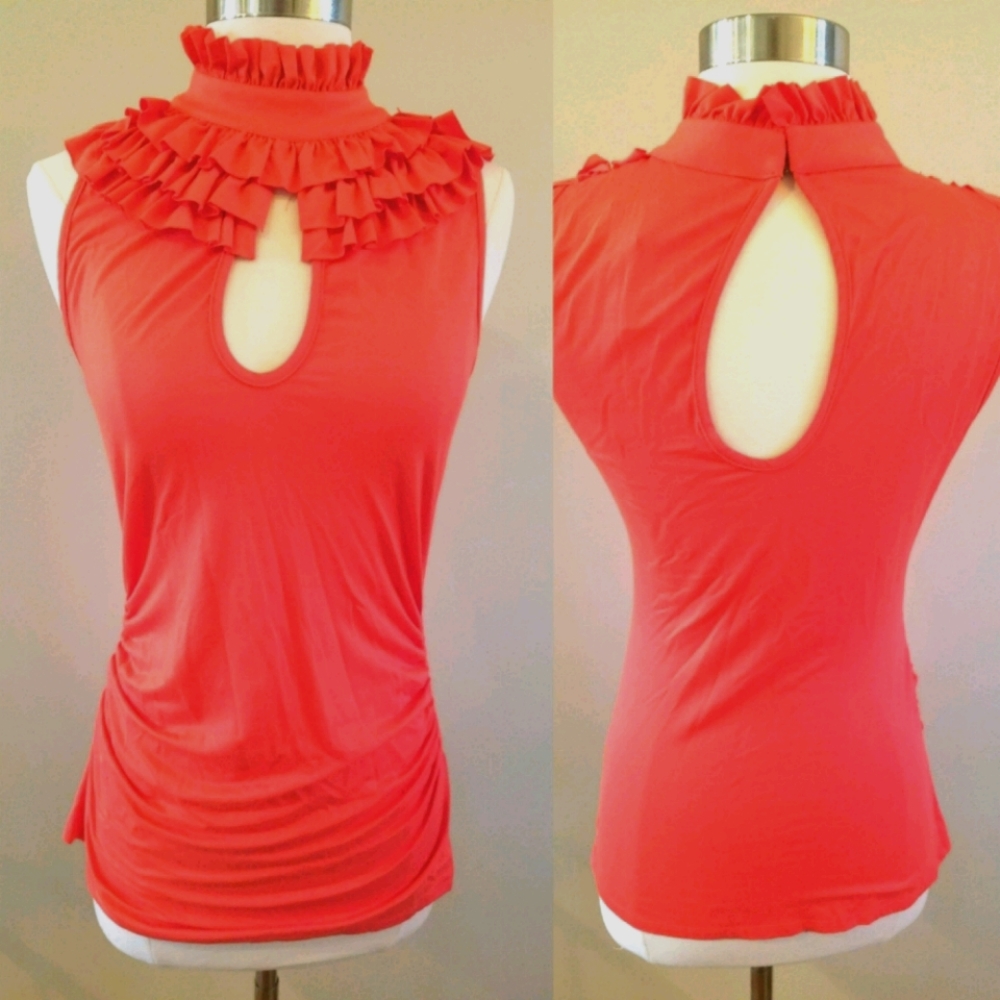 Arden B Orange ruffle neck keyhole top sz S